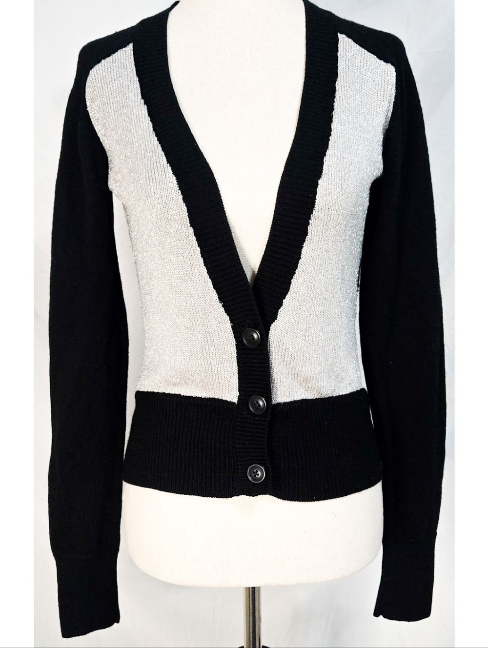 Kookai Wool Navy Blue Metallic Silver Cardigan Sweater Classic Fitted Knit